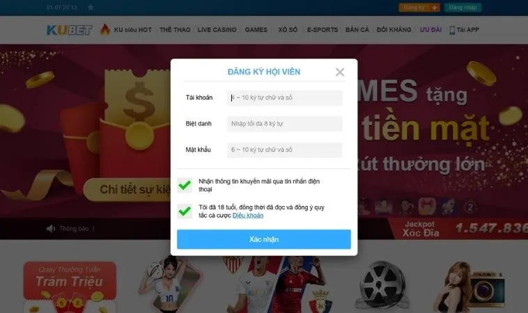 Giao diện đăng ký Kubet