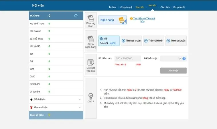 Giao diện rút tiền Kubet
